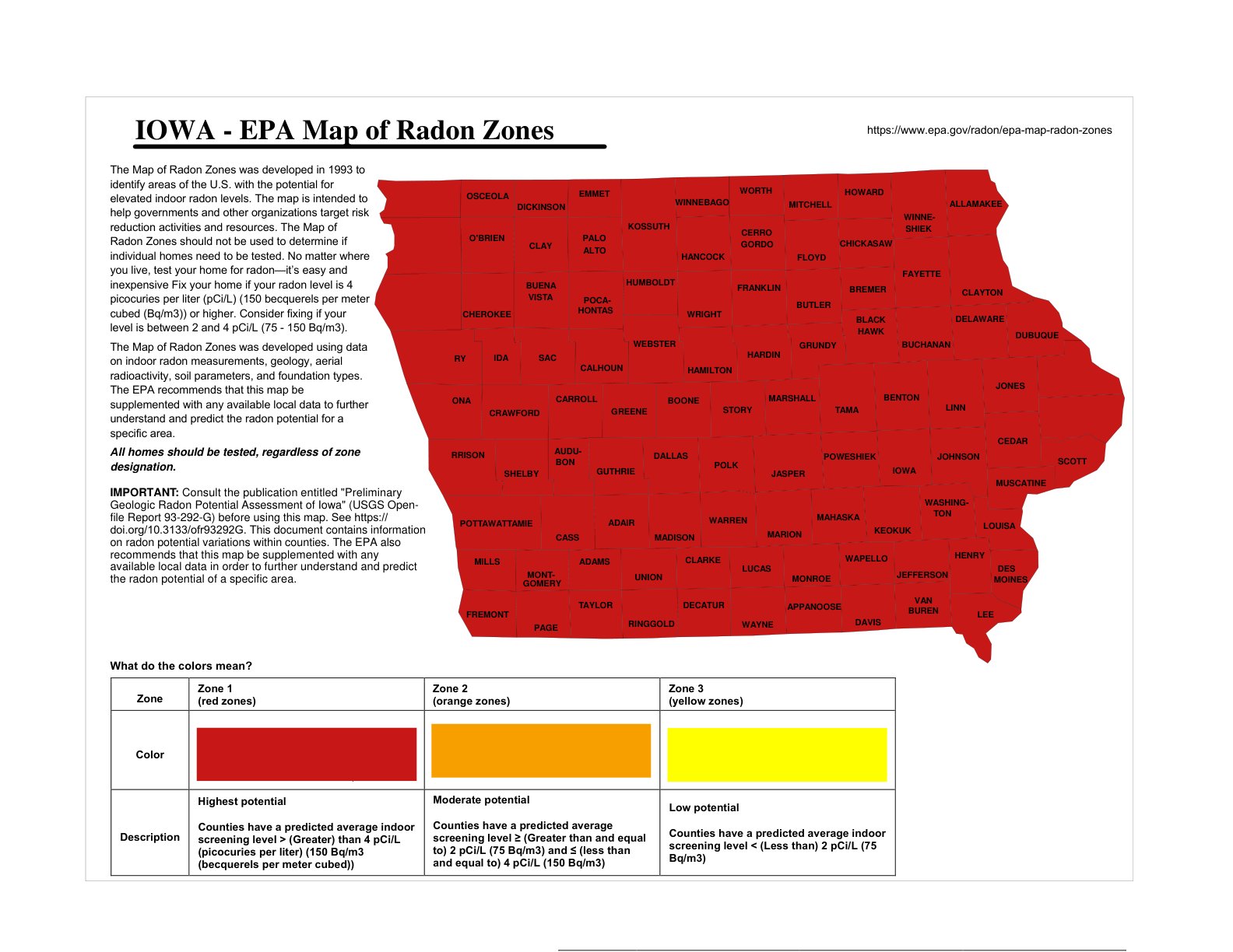 EPA Map of Radon Zones for Iowa — every county is Zone 1, the highest radon potential